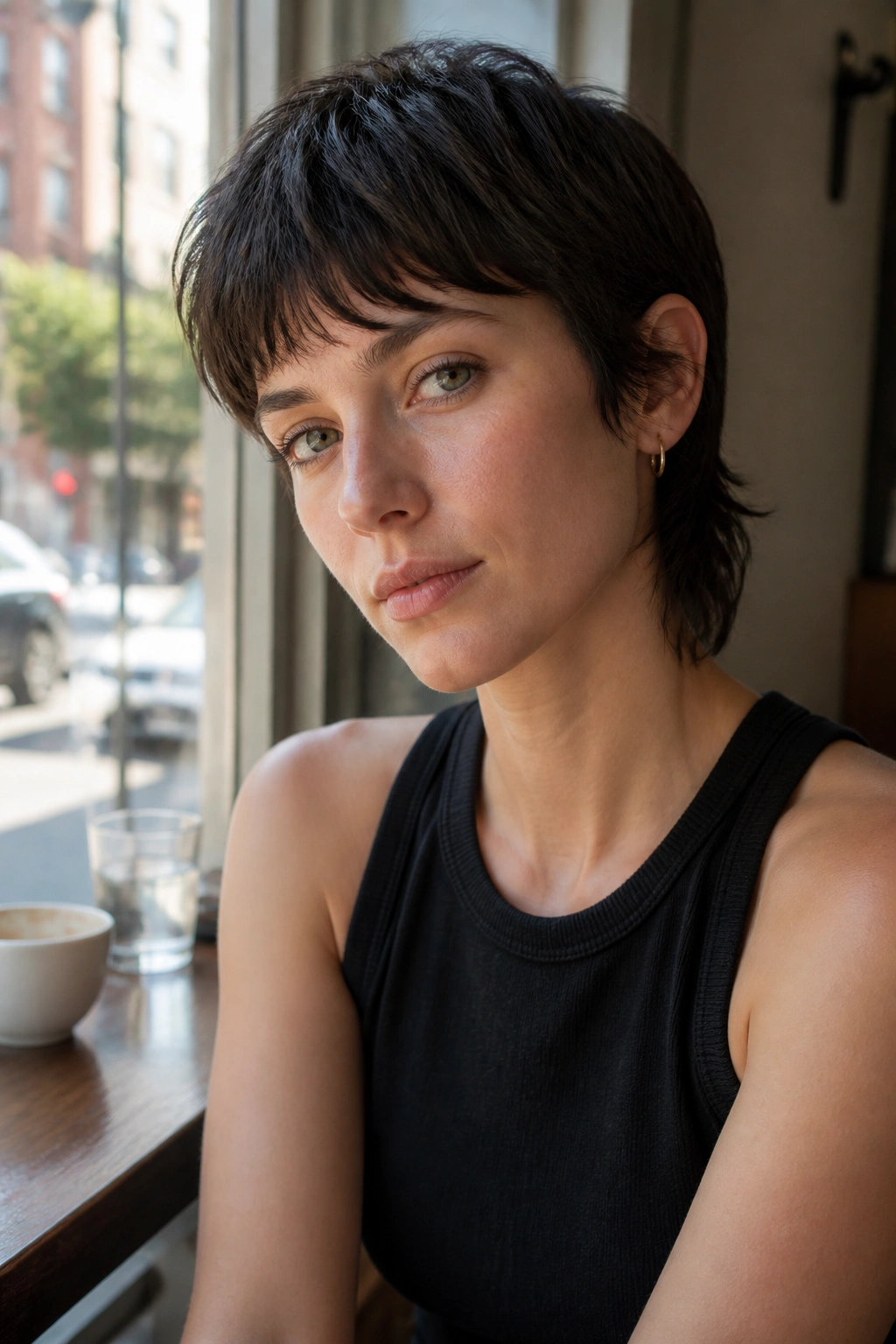 Close-up of real woman with soft mullet crop hairstyle by a cafe window