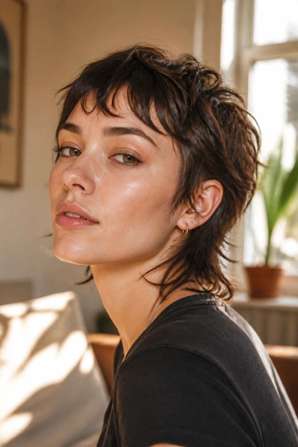 Close-up of a person with a soft mullet crop showing short front and longer back