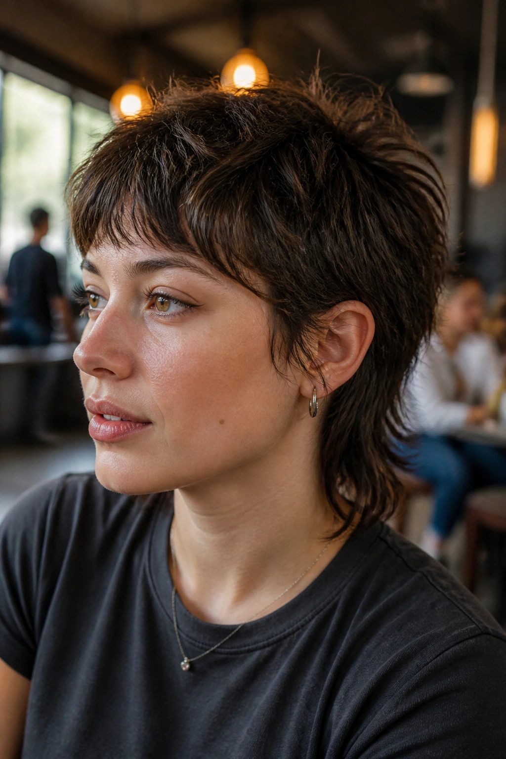 Close-up of a real person with a soft mullet crop showing a longer back