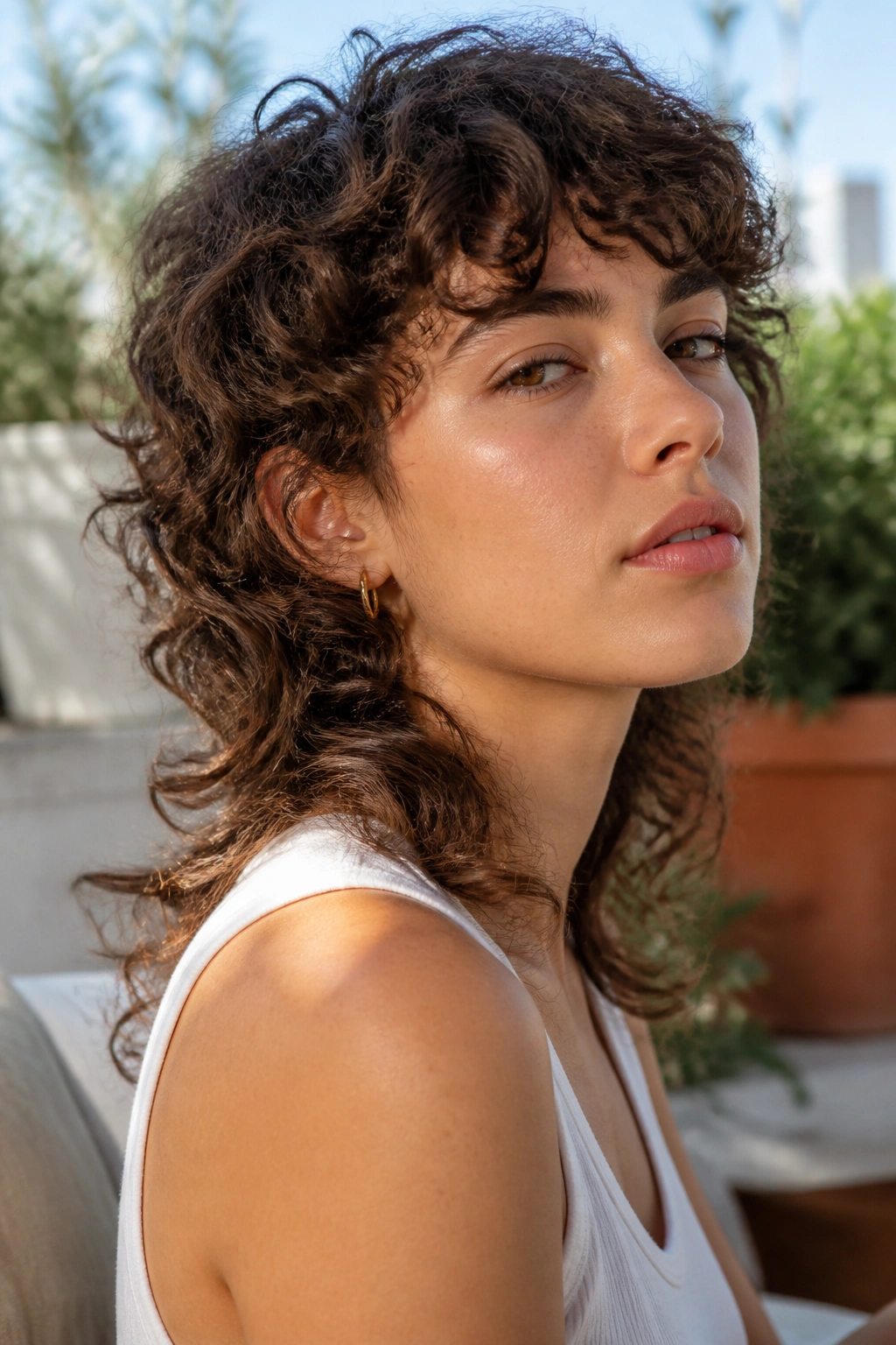 Close-up of a woman with a soft mullet on loose curls