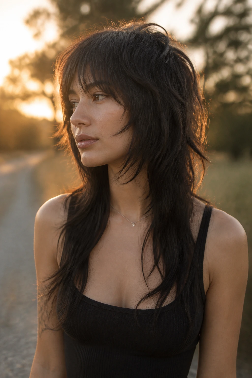Portrait of a real person with a soft mullet-edge butterfly wolf cut in golden hour light