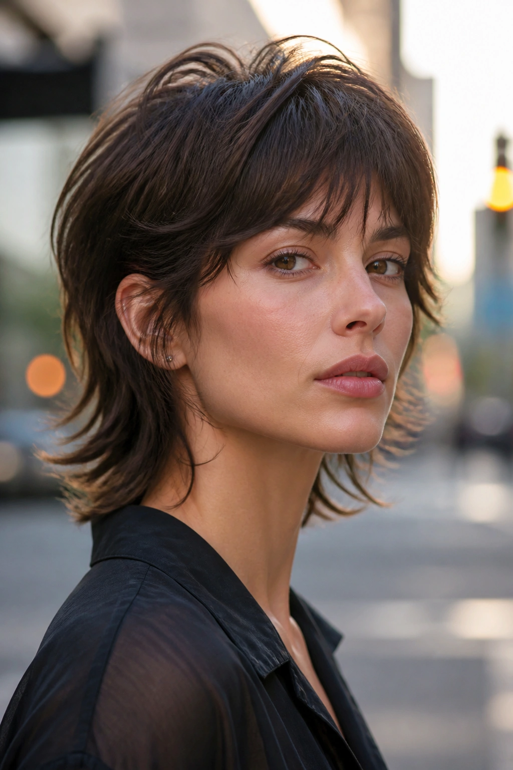 Close-up portrait of a real woman with a soft mullet and flipped layers under warm street light.