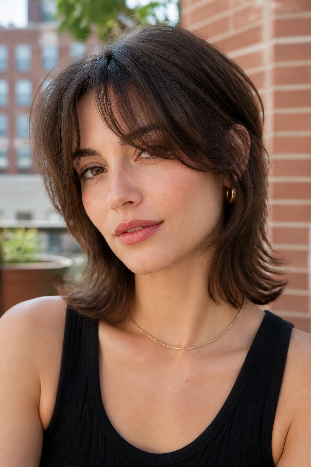 Close-up of a real woman with a soft mullet and fringe on an urban terrace