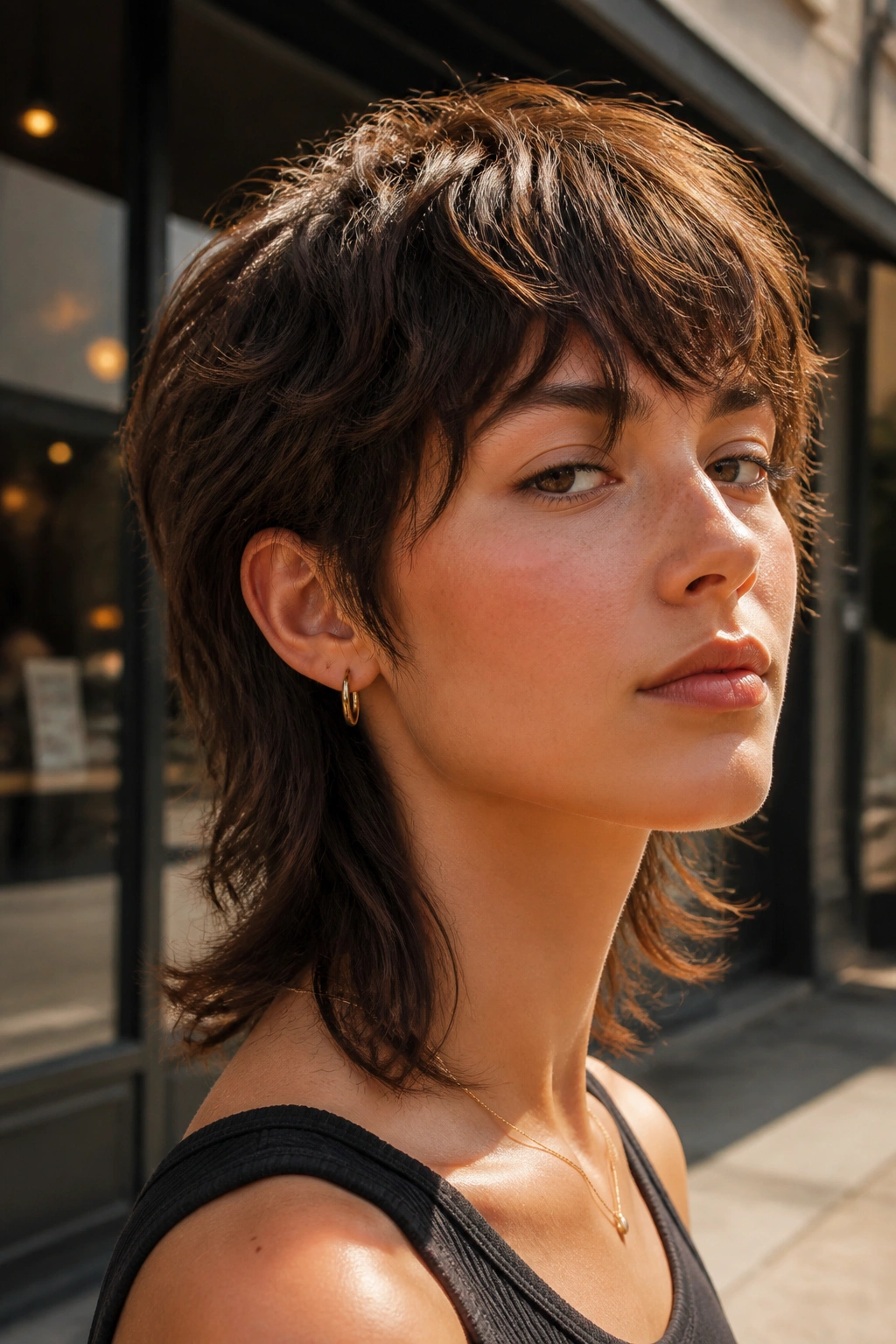 Close-up portrait of a real woman with a soft mullet hairstyle