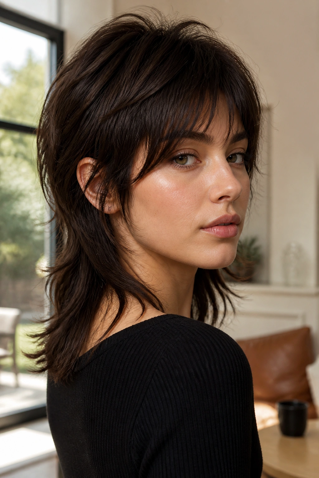 Close-up of a real woman with The Soft Mullet hairstyle featuring a short crown and longer back