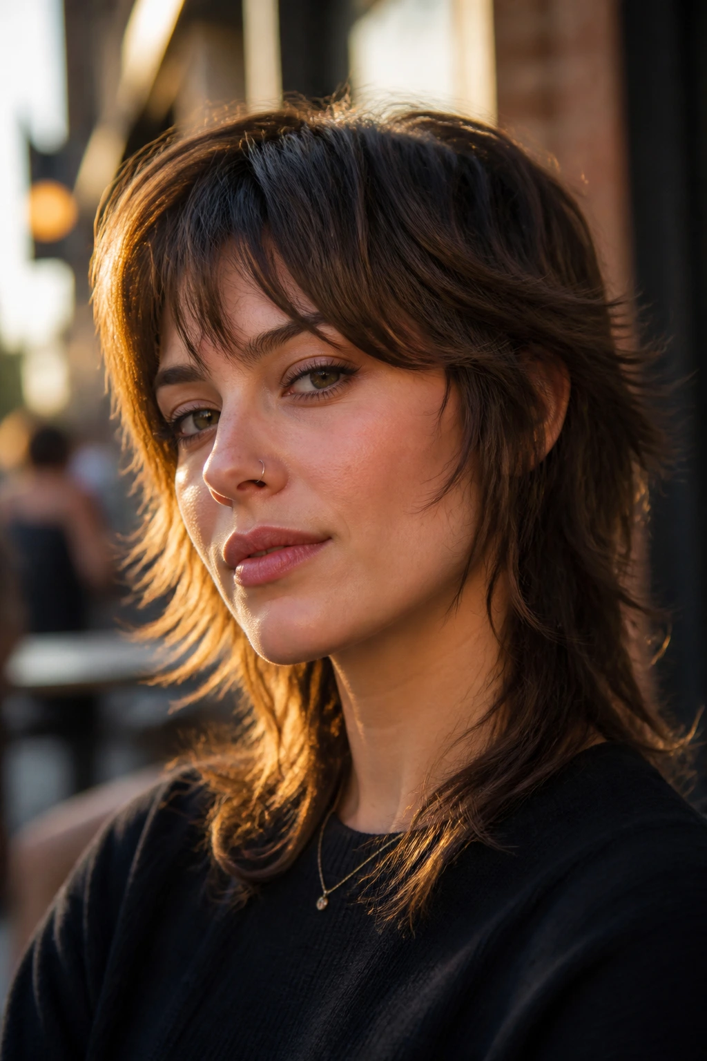 Close-up of a woman with a soft mullet hairstyle in golden hour light