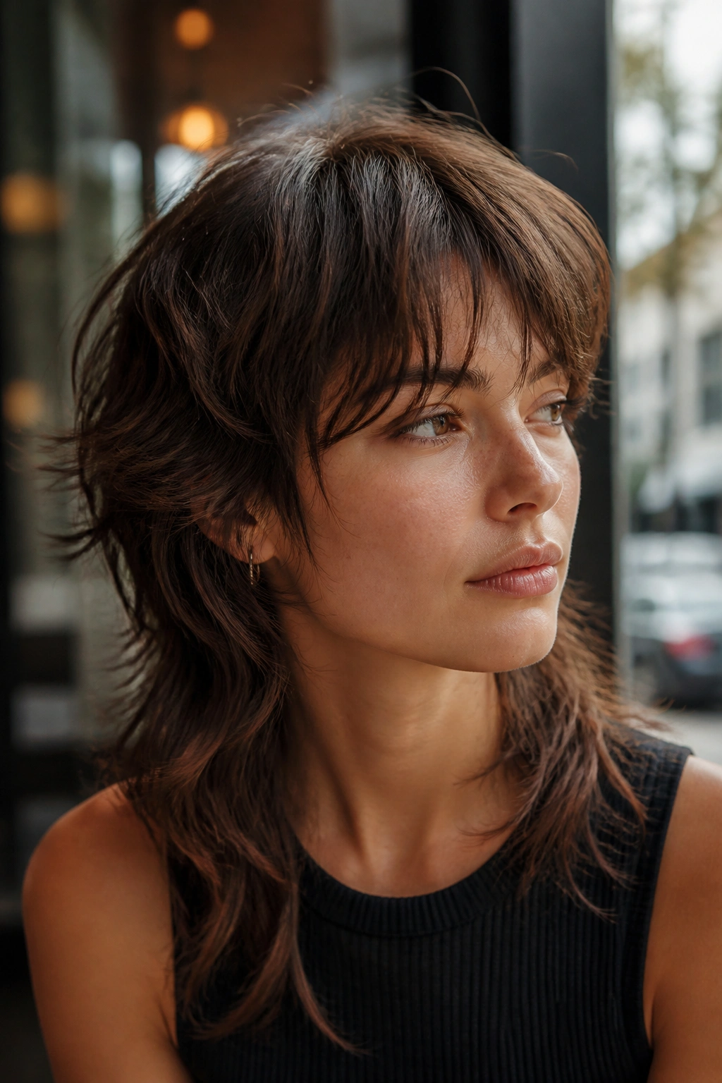 Close-up of a real person with soft mullet-inspired layers