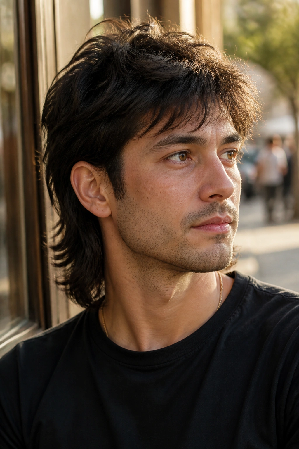 Man with soft long mullet and clean neckline in outdoor cafe daylight
