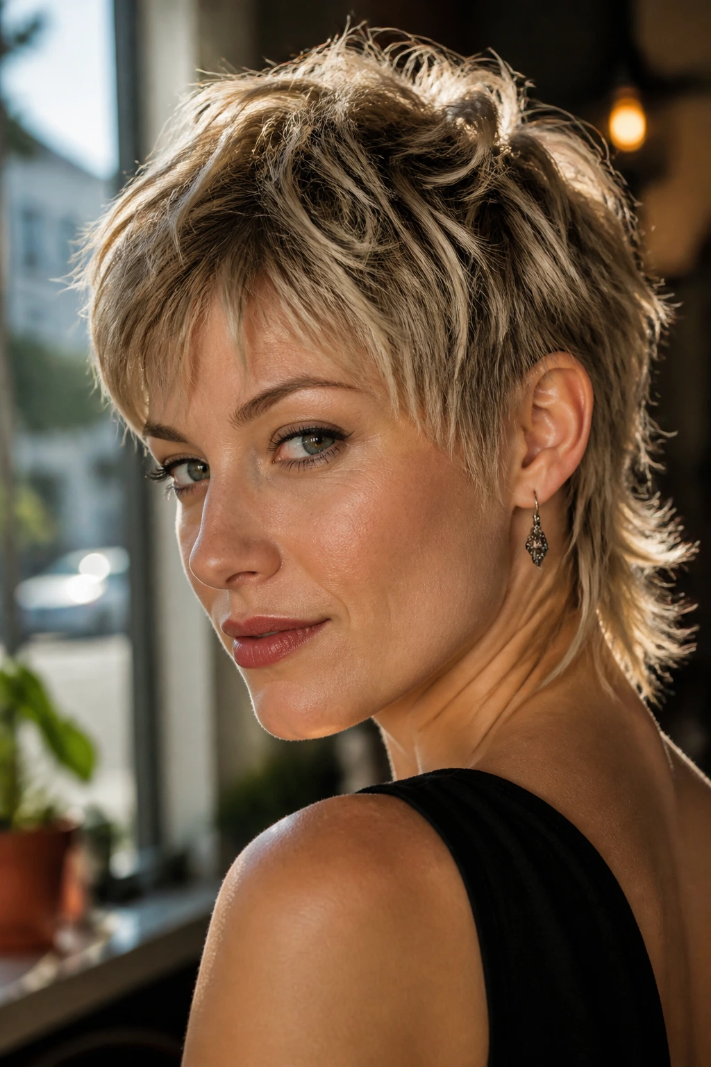 Real woman with soft mullet pixie viewed in cafe lighting, three-quarter portrait