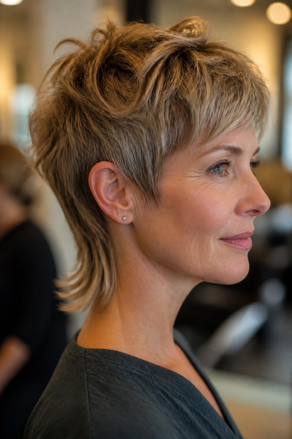 Close-up portrait of a real woman with a soft mullet pixie featuring a longer back