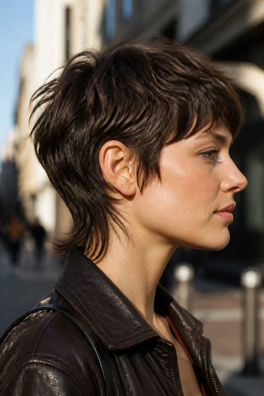 Side-profile portrait of a real woman with soft mullet pixie on a city street