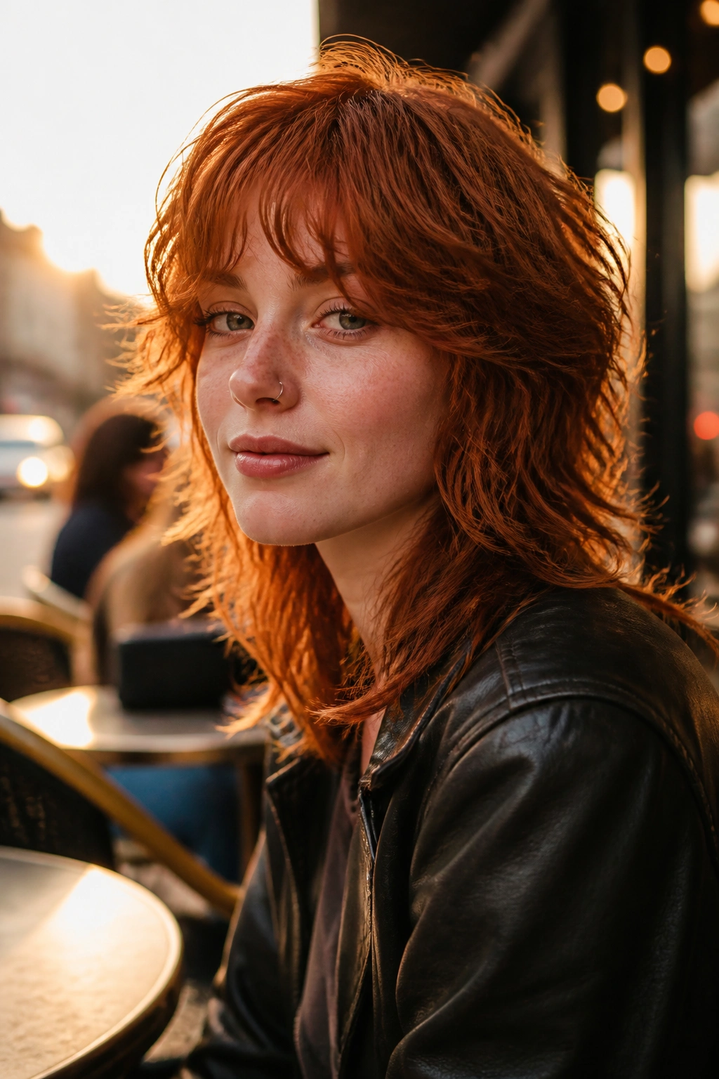 Close-up of a real person with a soft mullet and face-framing red hair in warm outdoor light