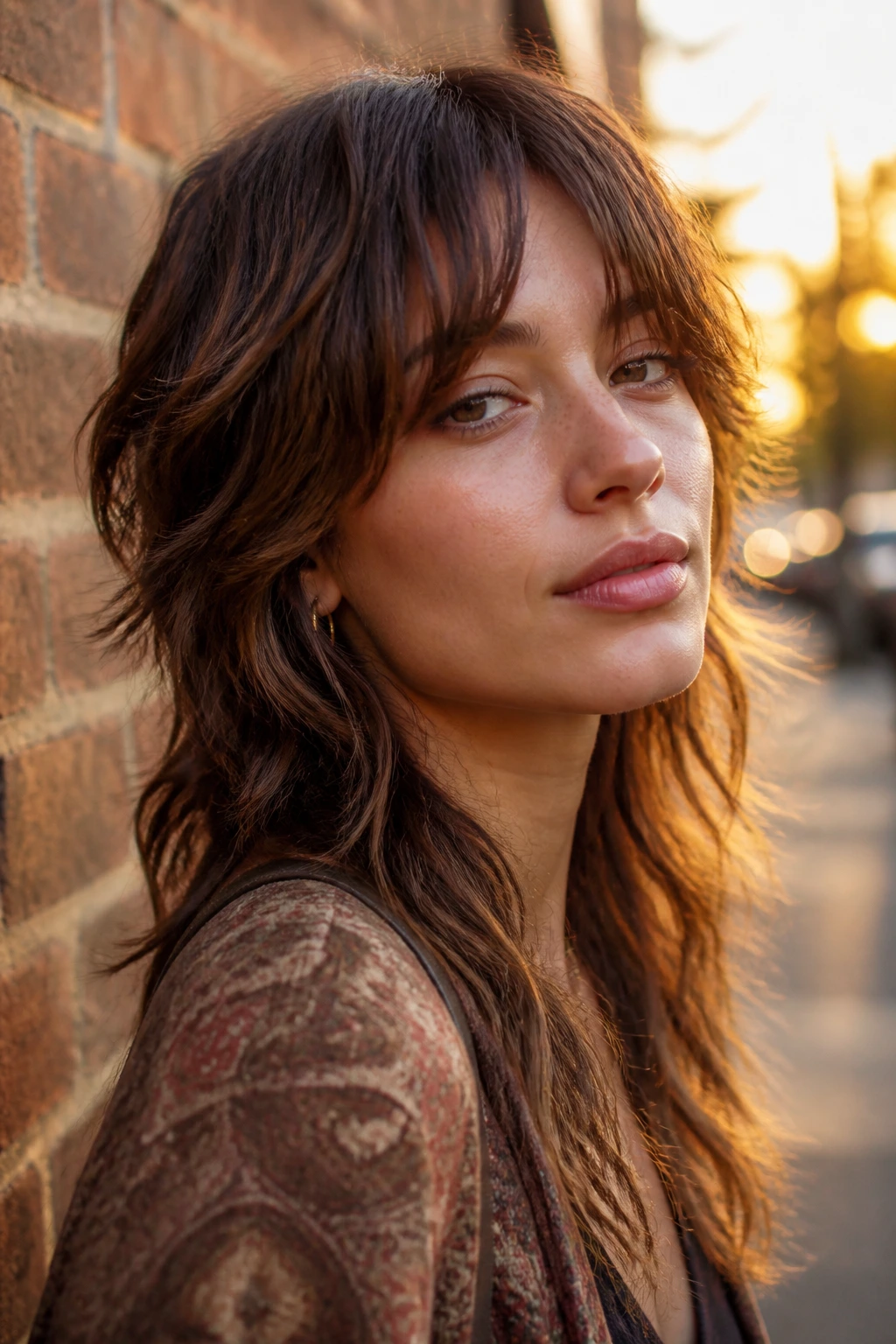 Close-up of a real woman with soft mullet-adjacent boho shag on a golden hour city street