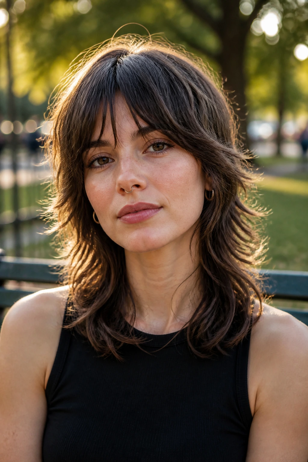 Close-up of a real woman with soft mullet shag in park setting during golden hour