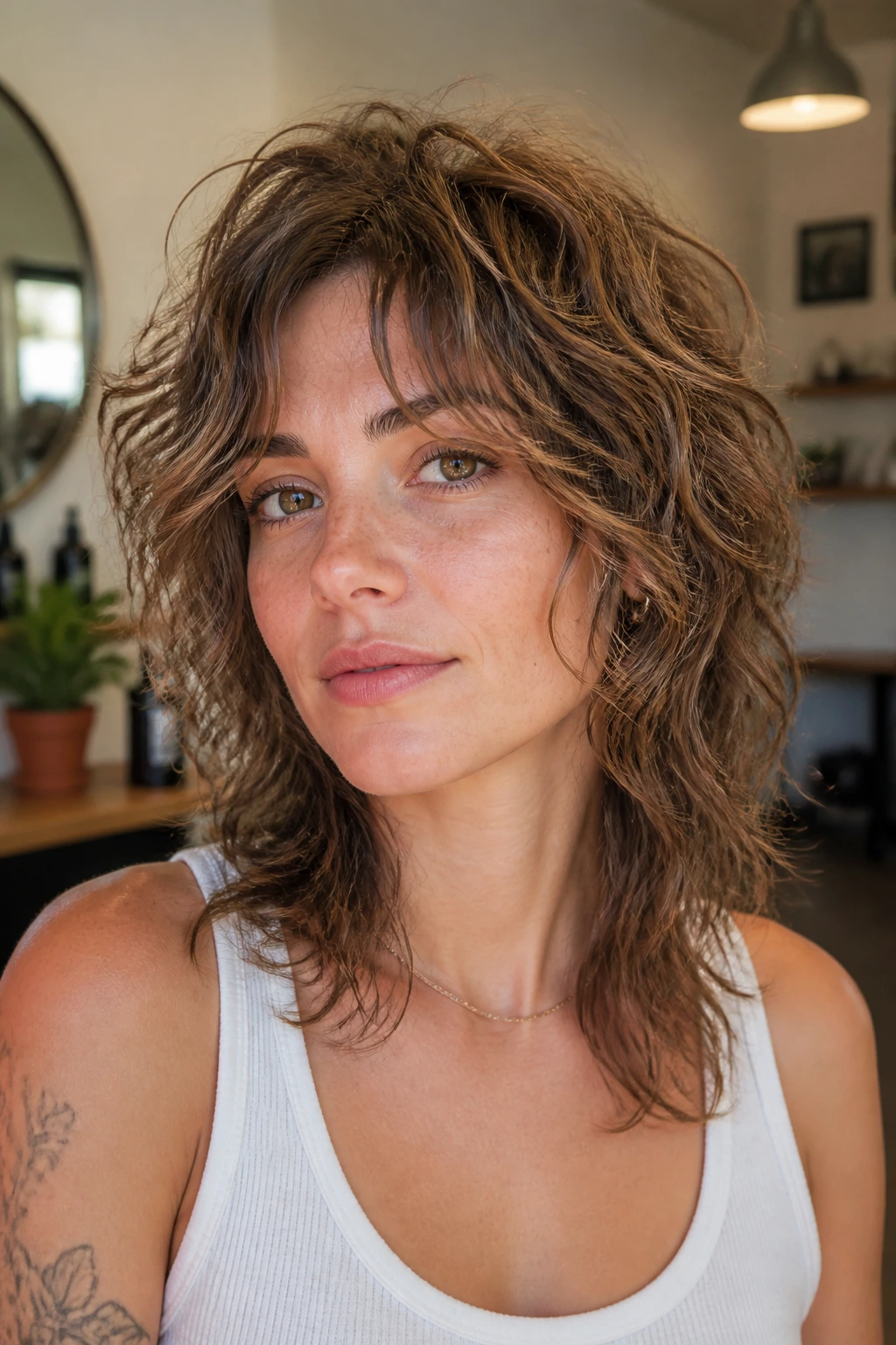 Real person with soft mullet shag perm and face-framing layers in natural light.
