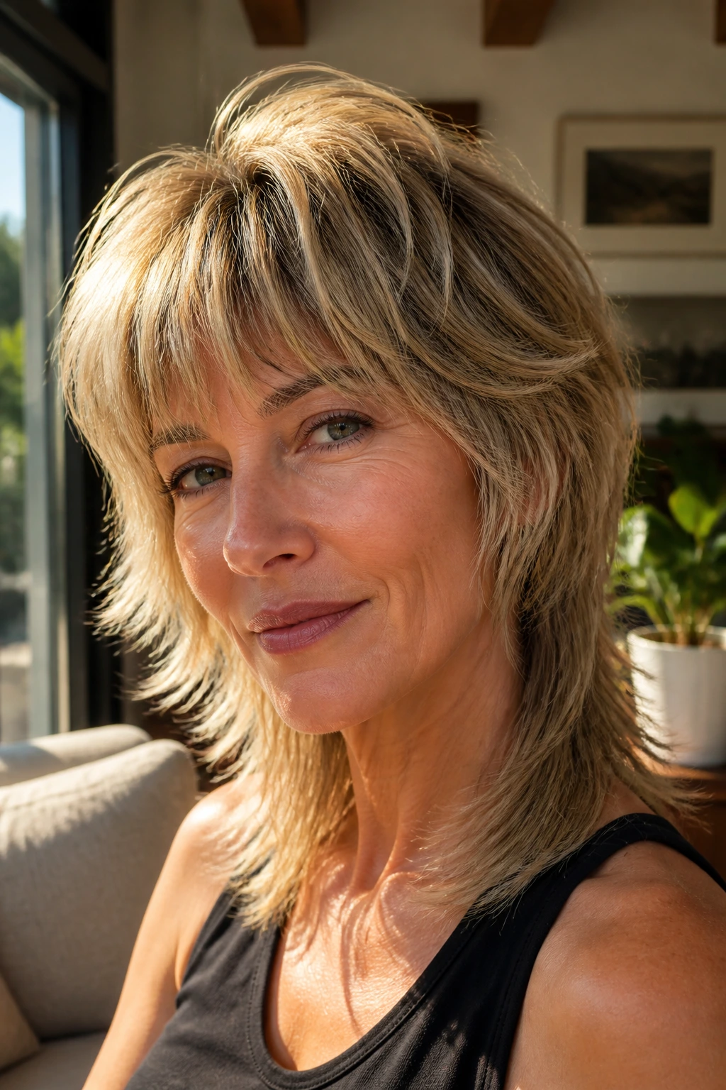 Close-up of a real woman with a soft mullet shag in sunlit interior light