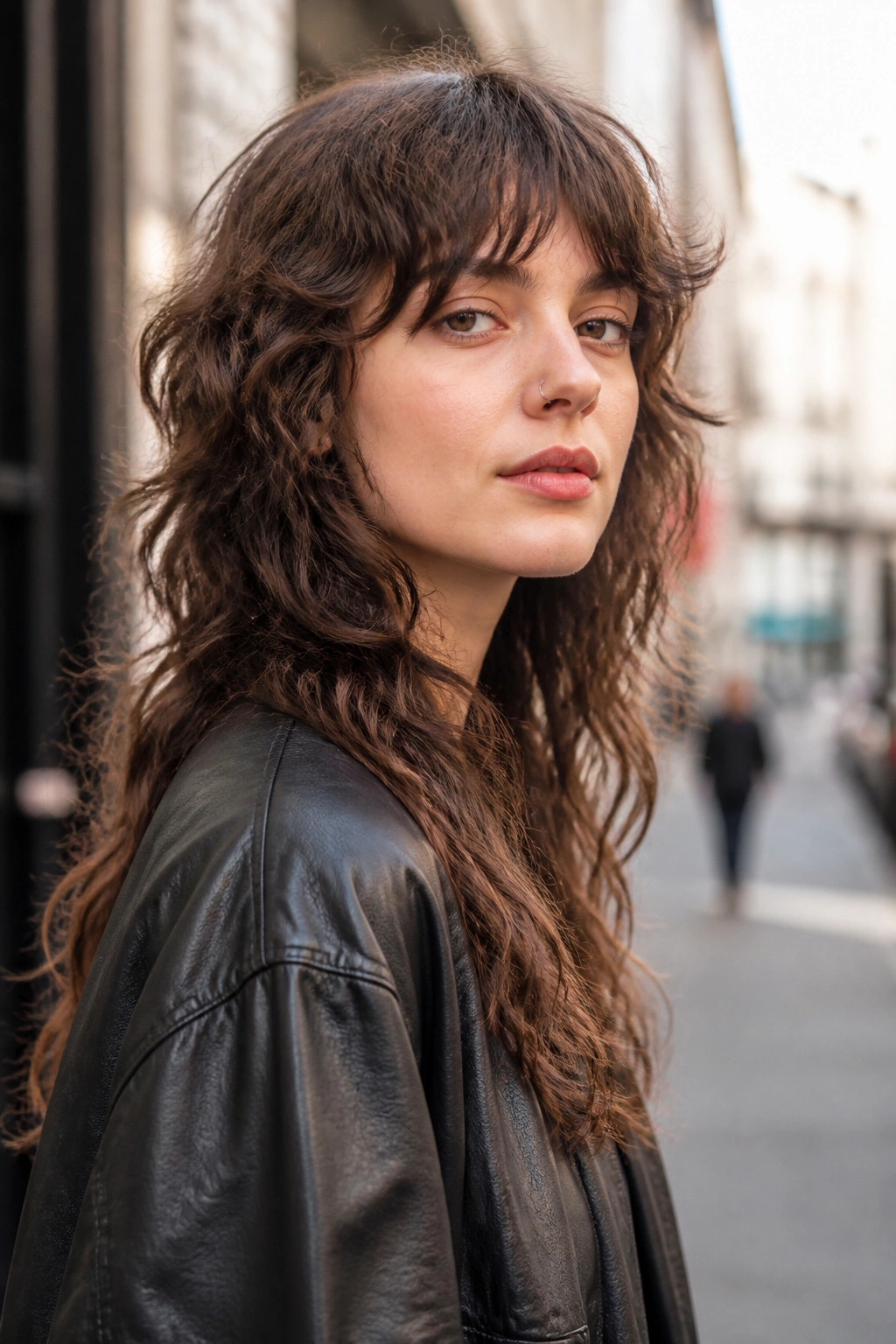 Three-quarter portrait of a real person with soft mullet shag showing back-length and shorter front