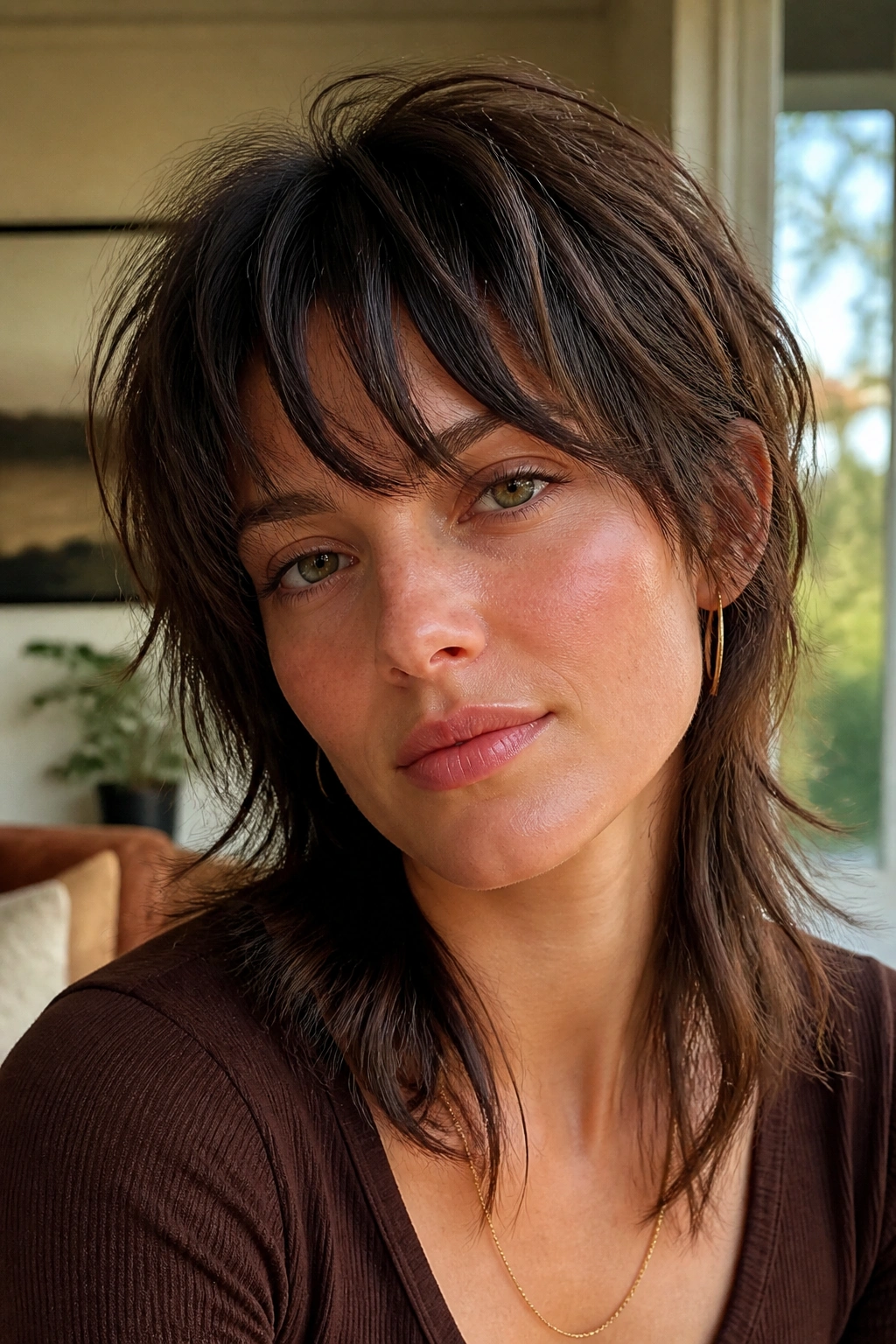 Close-up portrait of a woman with a soft mullet shag and wispy fringe