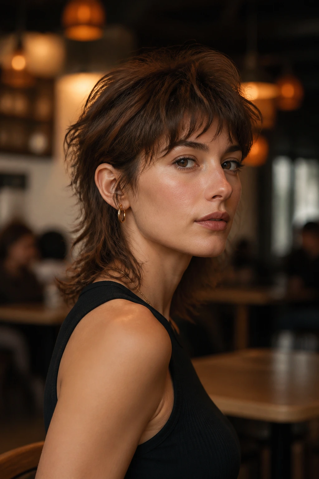 Three-quarter profile of a woman with soft mullet and tapered back