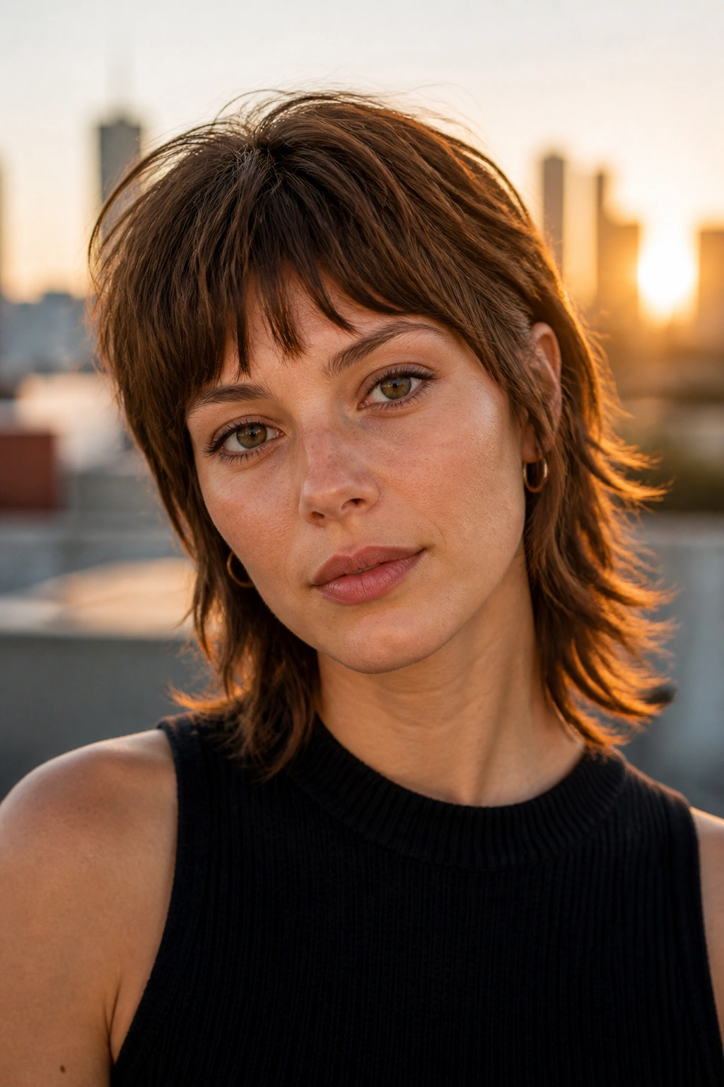 Close-up portrait of a real woman with a soft mullet and tapered fringe.
