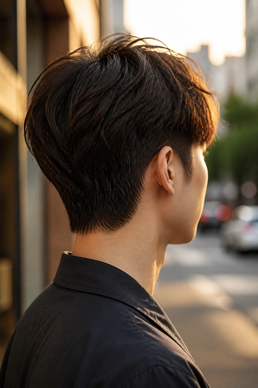 Three-quarter rear portrait of a man with a soft mullet and tapered neck outdoors