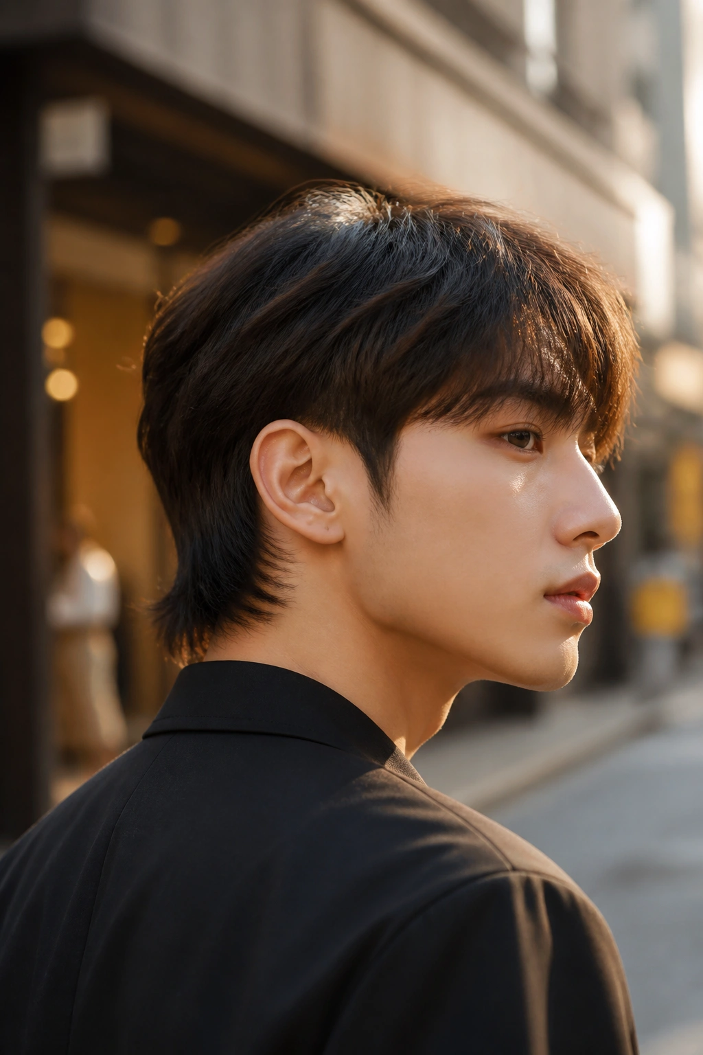 Close-up portrait of a man with a soft mullet and tapered neckline in an urban street at golden hour