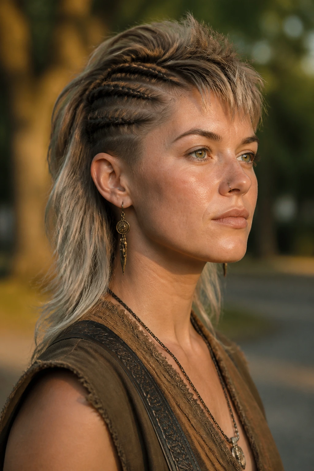 Real woman with a soft mullet and Viking braids near the front.