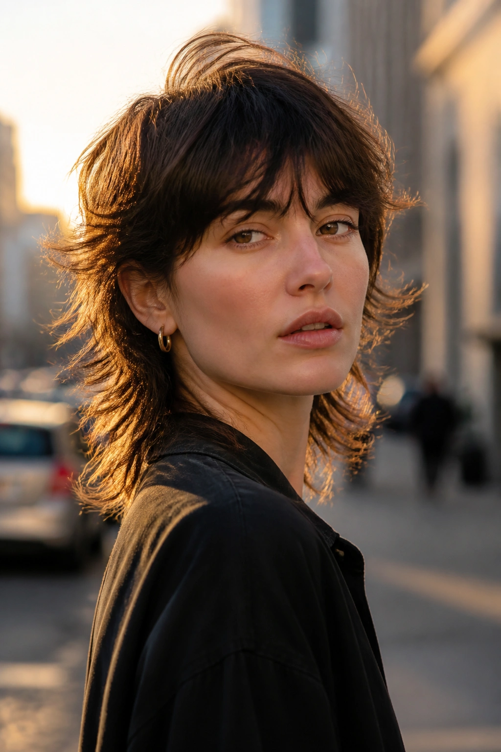 Real woman with soft modern mullet, wispy fringe and feathered nape during golden hour