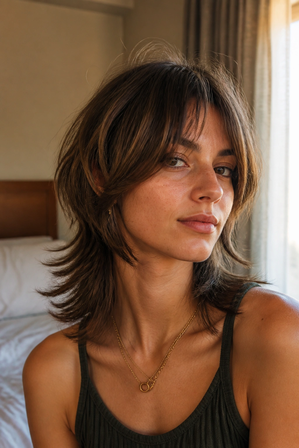 Close-up portrait of a real person with Soft Mullet Wolf Cut at shoulder length, warm natural light.