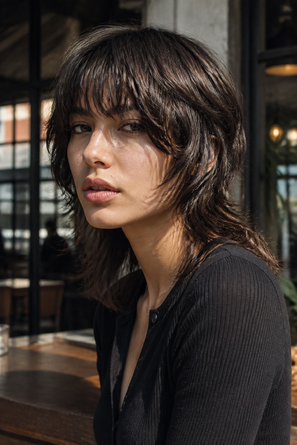 Close-up portrait of a real person with a soft mullet wolf cut in a sunlit cafe