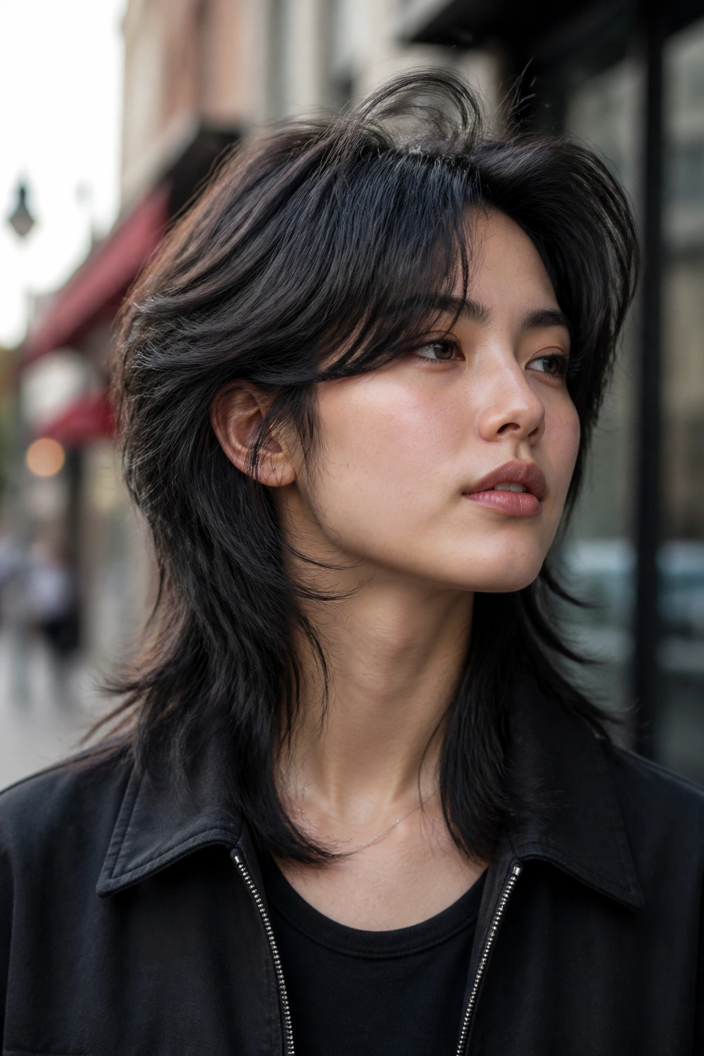 Real person with soft mullet black wolf cut on thick hair