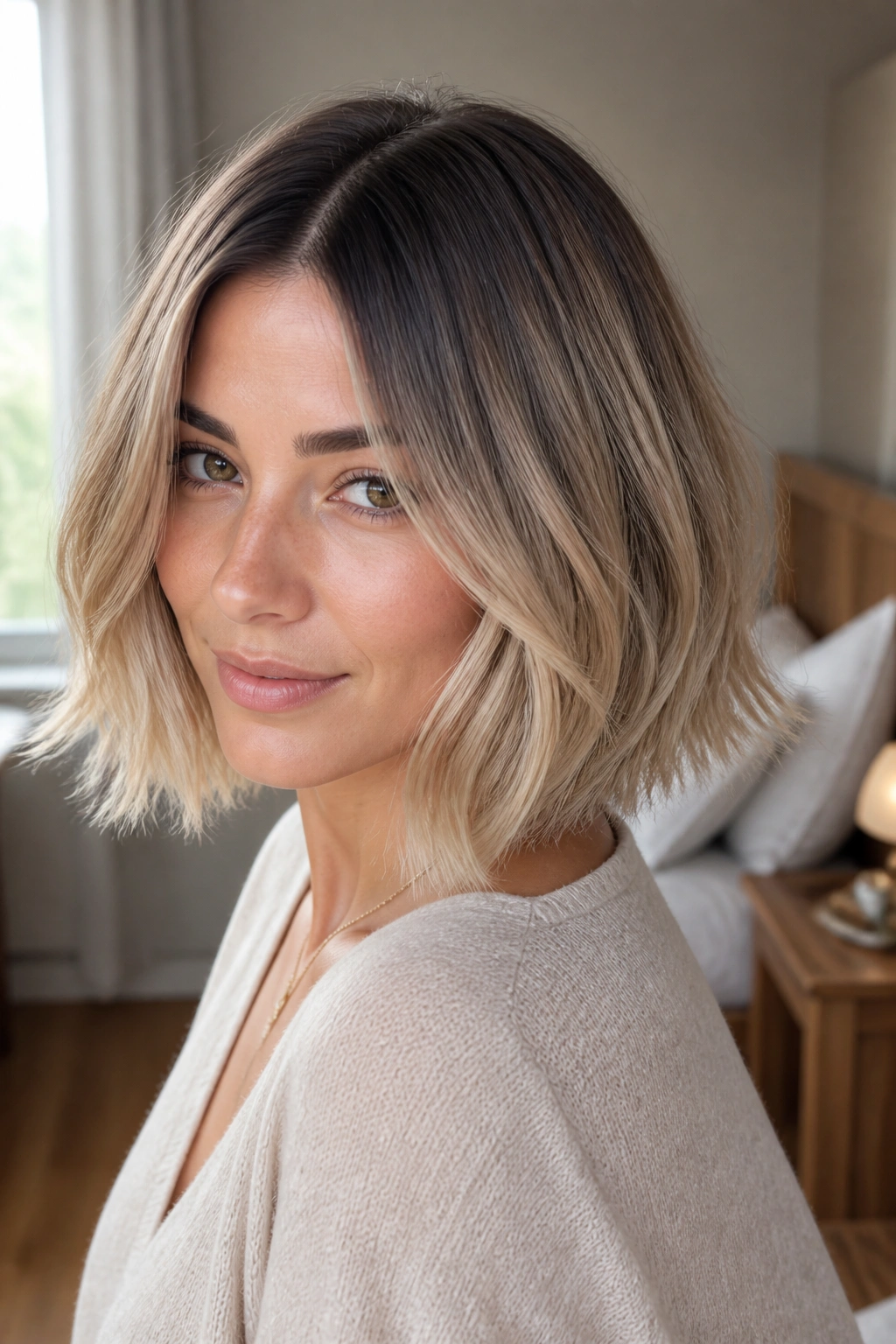 Close-up of a real woman with a grown-out bob showing a soft mushroom blonde shadow root.