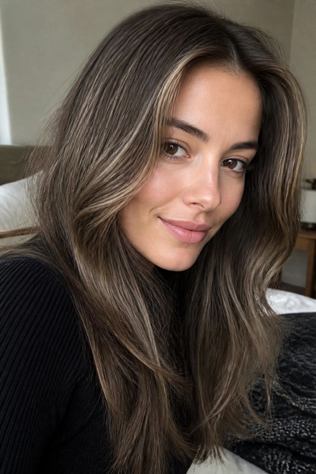 Close-up of a real woman's dark brown hair with soft mushroom tones and babylights