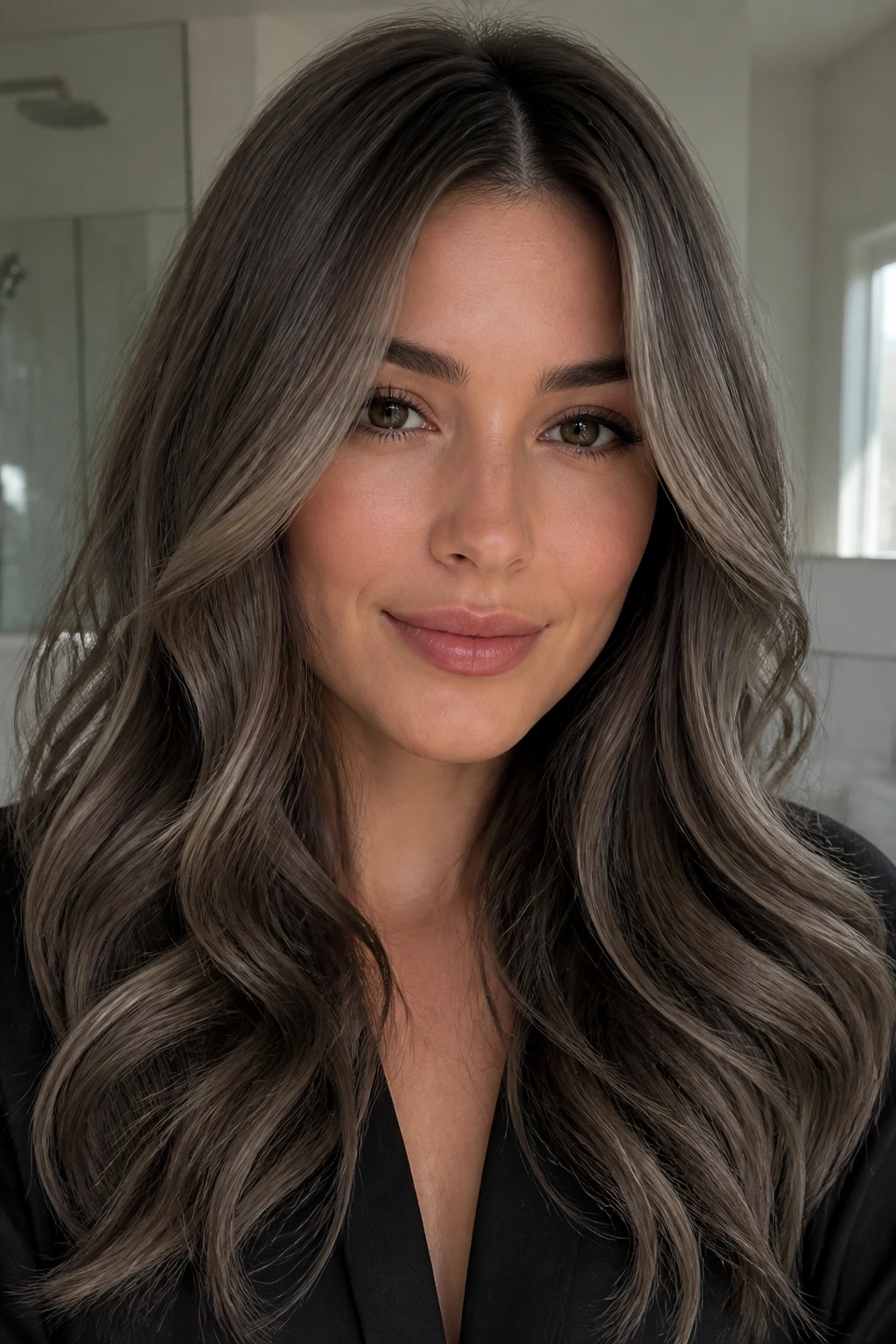 Close-up of soft mushroom brunette hair with taupe beige highlights