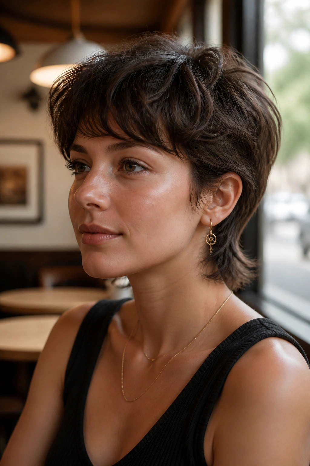 Close-up portrait of a real person with Soft Nape-Length Pixie Mullet showing gentle nape tail and soft layers.