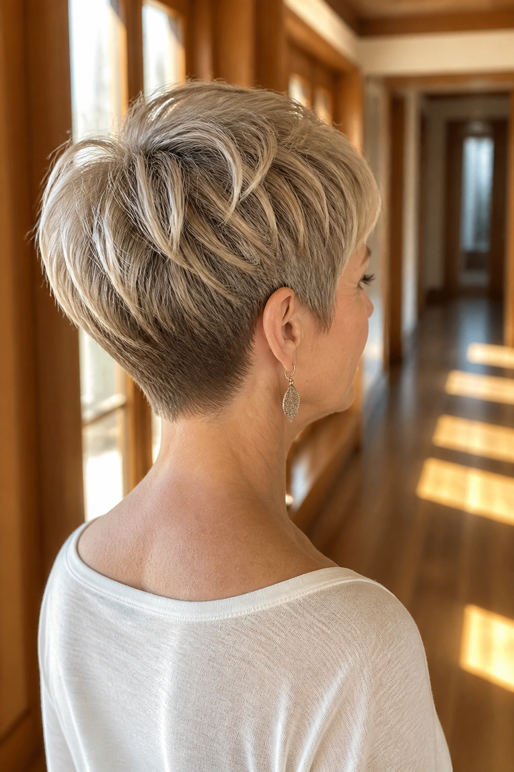 Rear three-quarter portrait of a real woman with soft nape pixie and tapered back