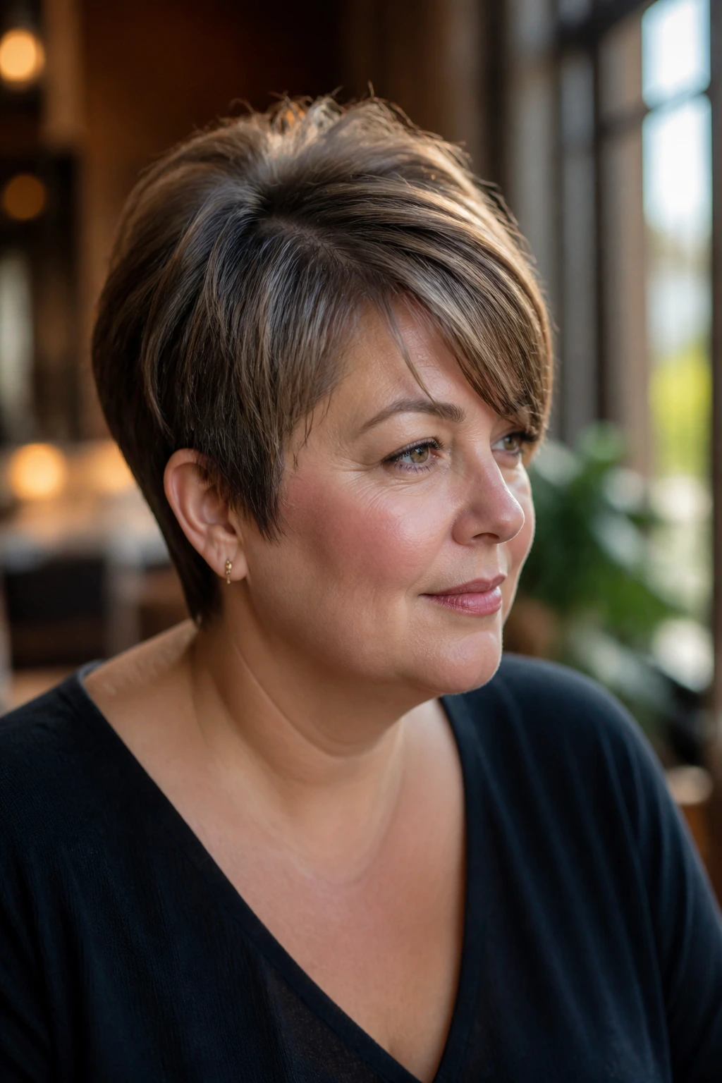 Close-up of a real woman wearing a soft neckline crop with side-swept fringe