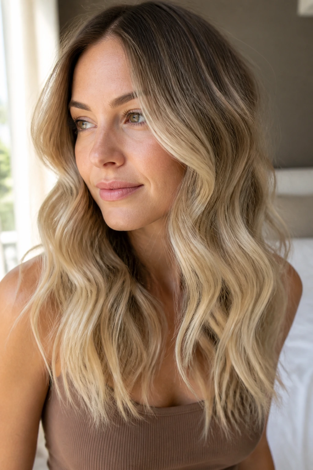 Close-up of real woman's hair with soft ombre from dark roots to light ends