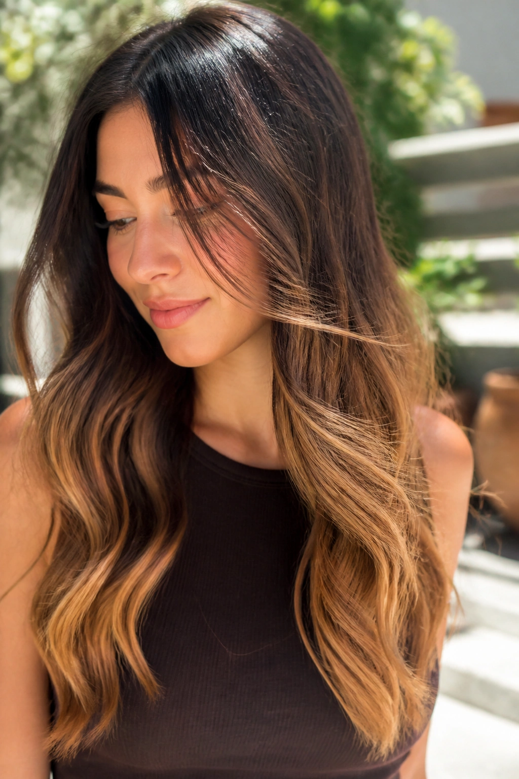 Brunette with soft ombré caramel ends in sunlit outdoor light