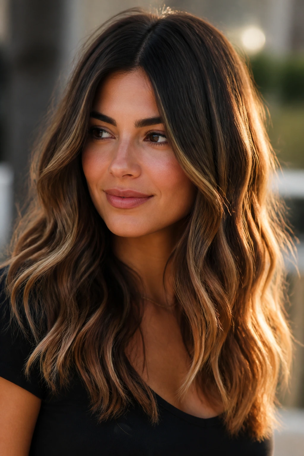 Close-up of brown hair with soft ombré ends fading from roots to lighter tips