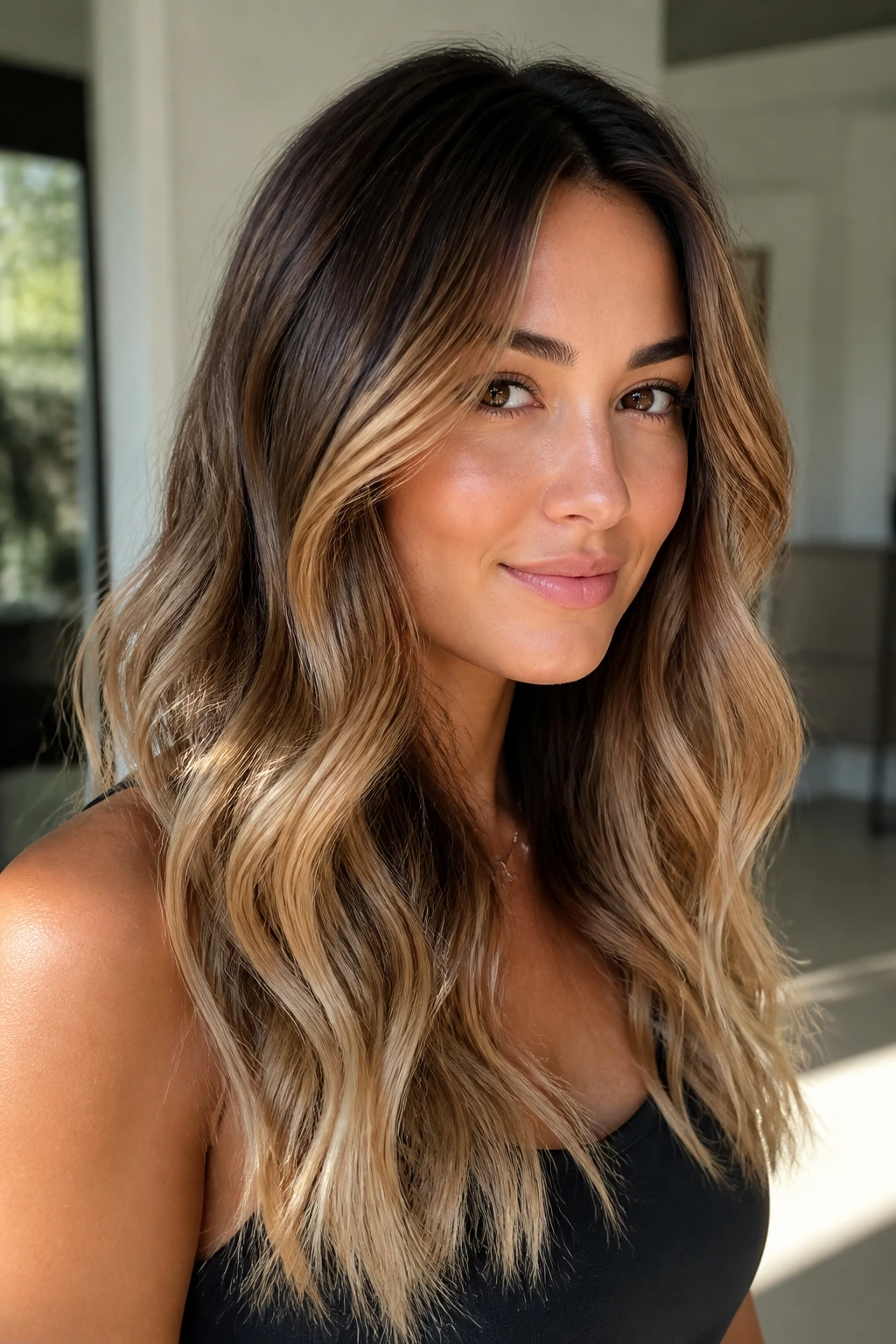 Close-up portrait of a real woman with a soft ombré melt from root to tip