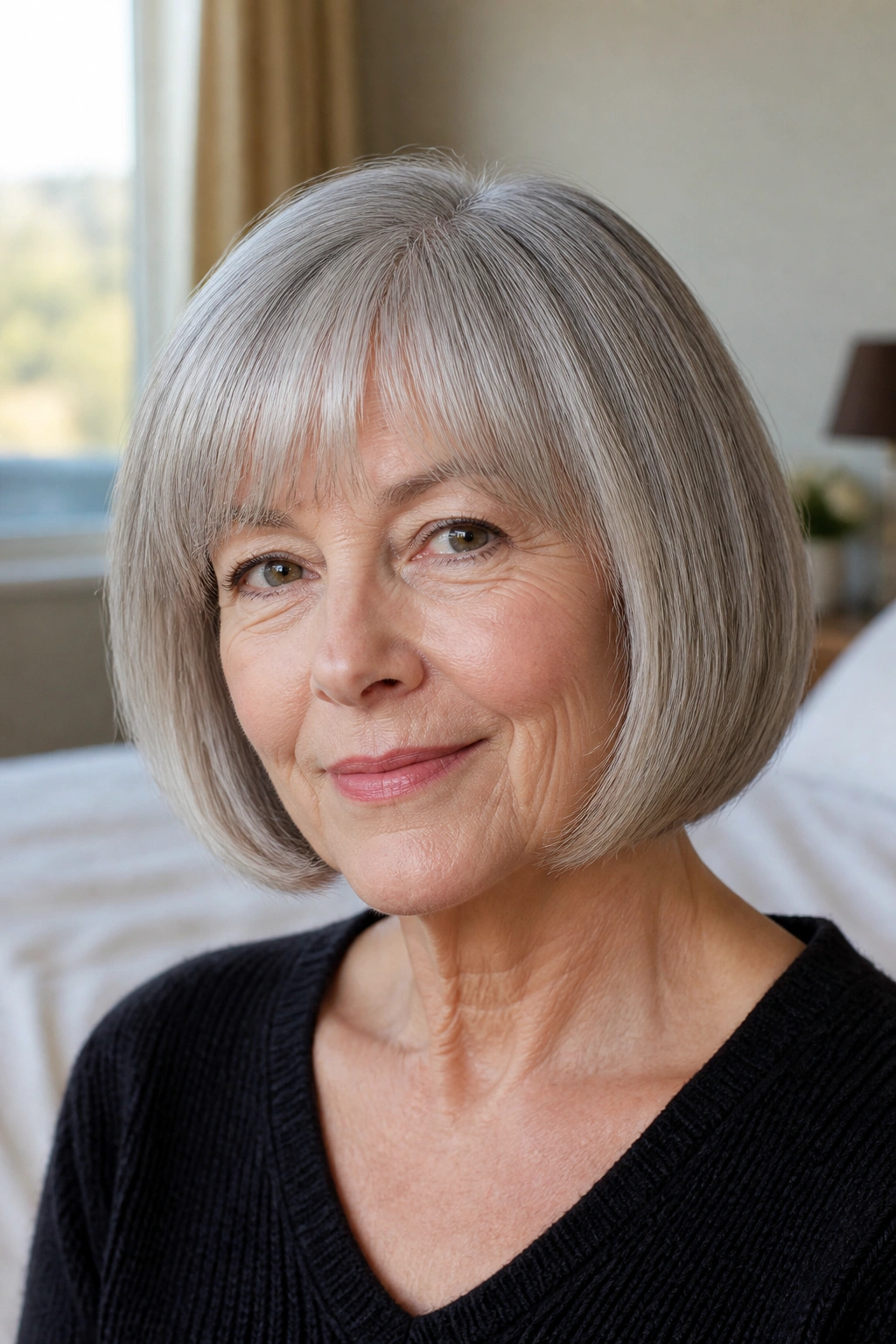 Close-up portrait of a real woman with a soft pageboy hairstyle in gray hair