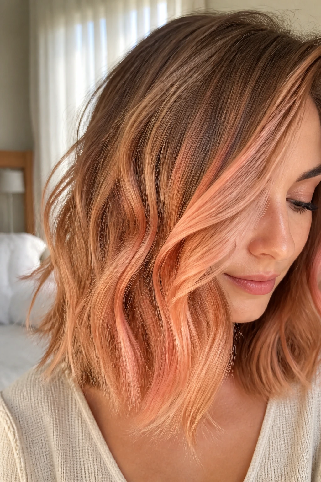 Close-up of real woman's hair with soft peach balayage on medium-length hair in warm window light