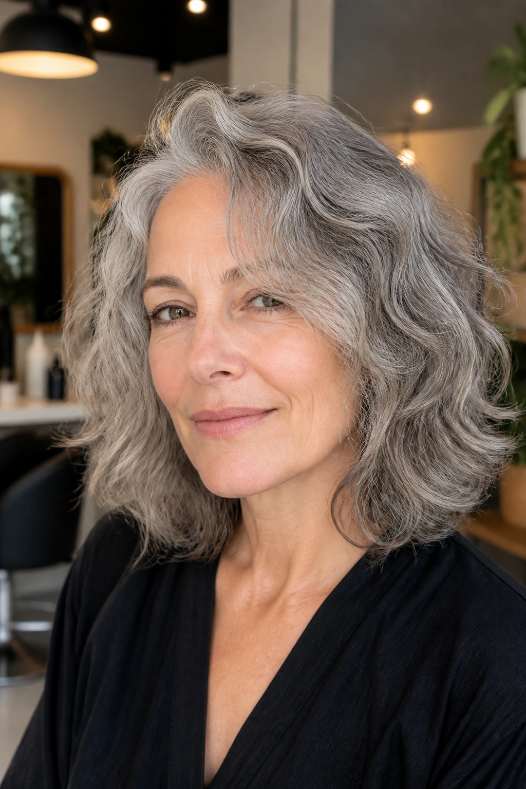 Close-up of a real woman with soft perm grey hair in a salon