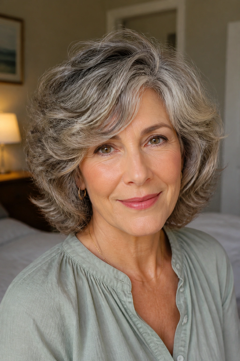 Close-up portrait of a real woman with soft perm and layered curls