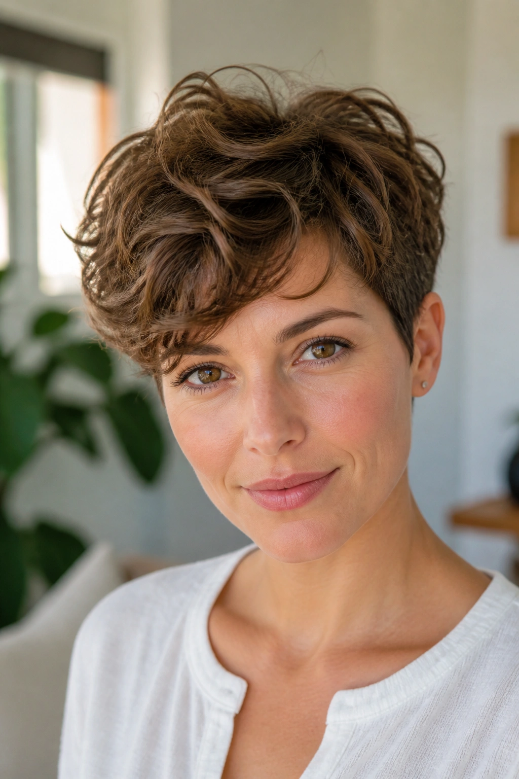 Close-up of a real person with a soft perm pixie featuring loose waves.