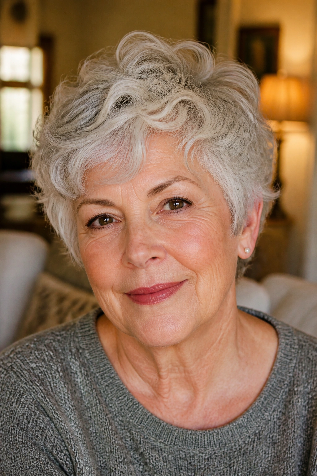Close-up of a real woman with soft perm on short cut in warm light