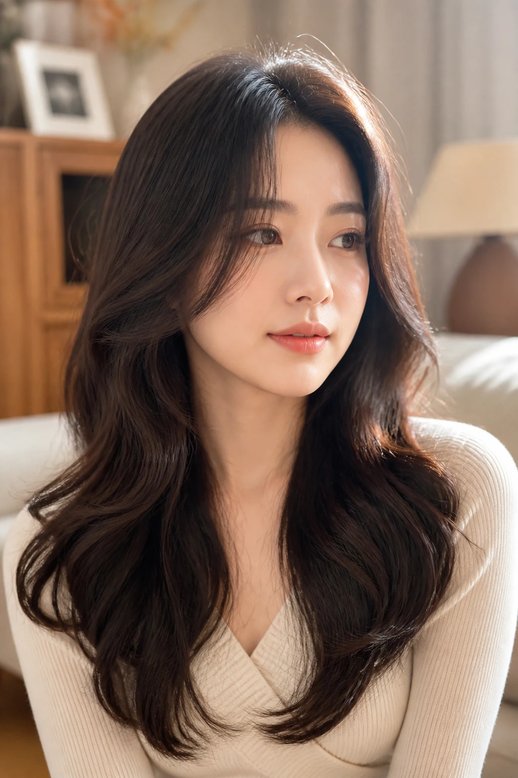 Close-up of a real woman with soft perm waves cascading over her shoulders