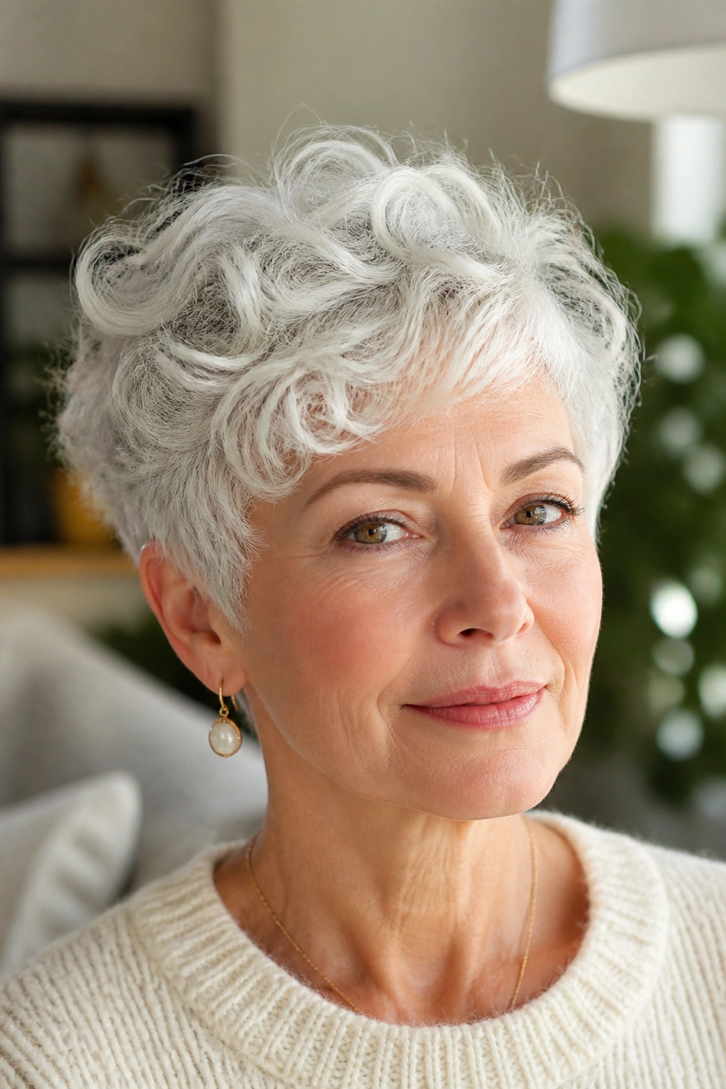 Close-up portrait of a real person with white soft perm crop and cloud-like curls in a cozy living room