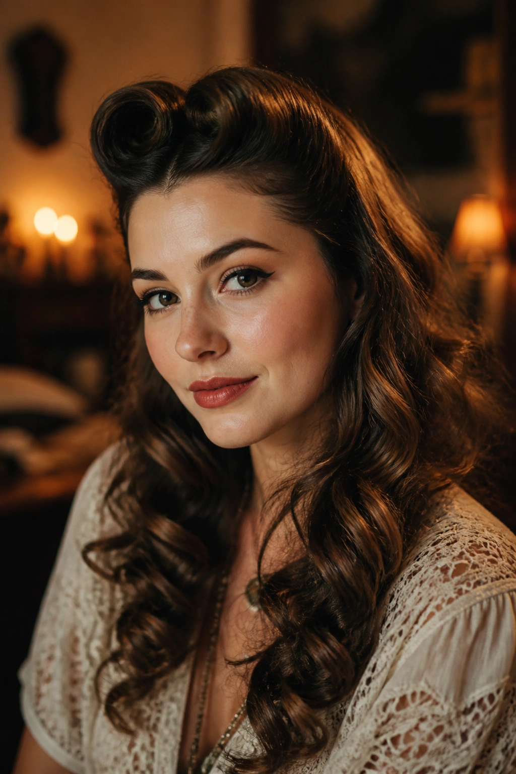 Close-up of a real woman with a soft pin-up roll and long loose curls